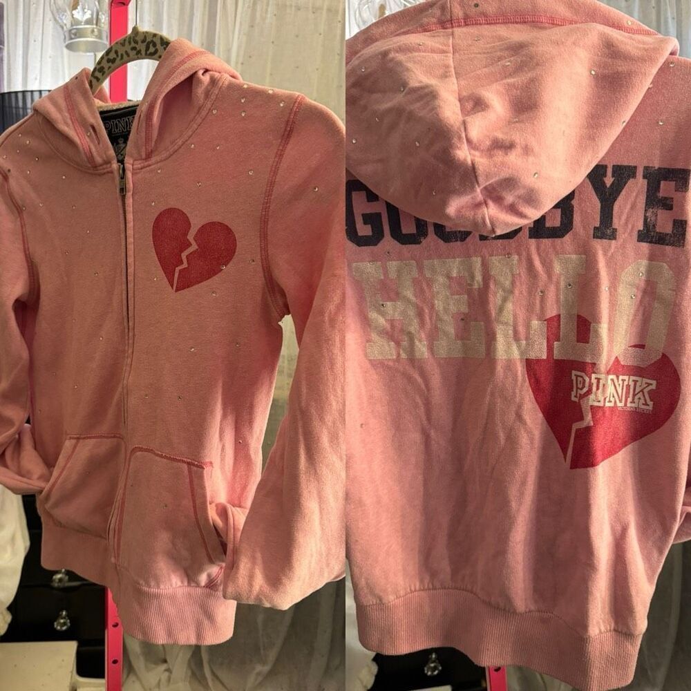 PINK VS broken heart rhinestone studded goodbye dull zip hoodie/sweatshirt